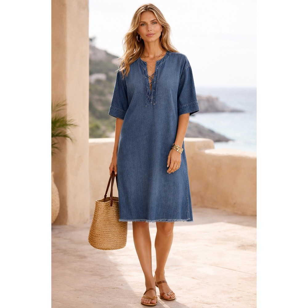 Nili Lotan Lace-Up V-Neck Denim Chambray Shift Dress Blue XS